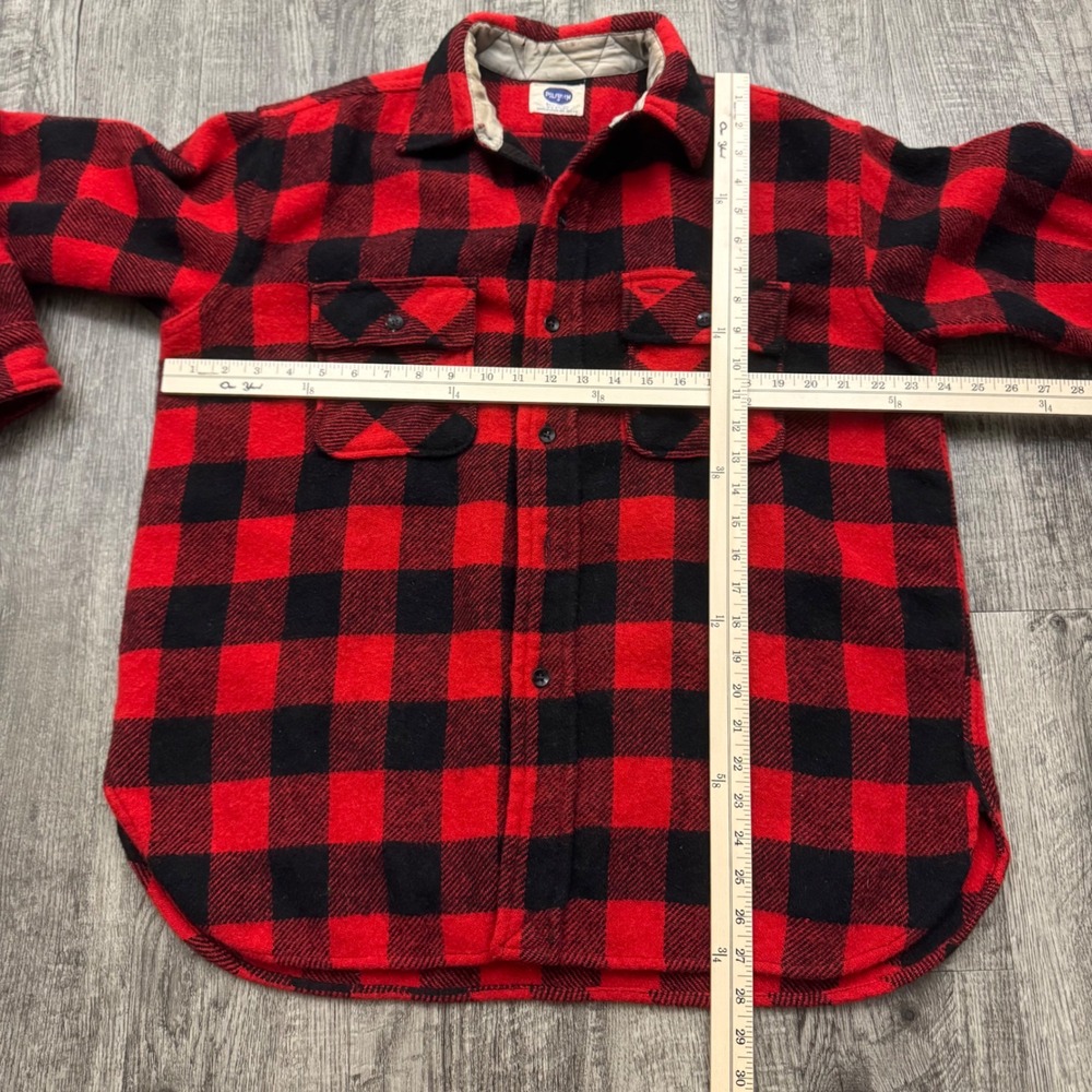 Vintage 50s 60s Pilgrim Buffalo Plaid Wool Button Shirt L/XL - Picture 3 of 6